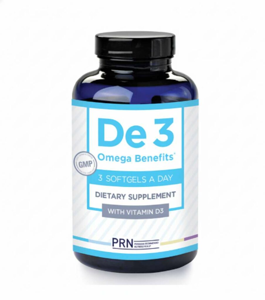 A bottle of PRN De3 Omega Benefits dietary supplement with vitamin D3, designed to support dry eye relief and overall eye health.