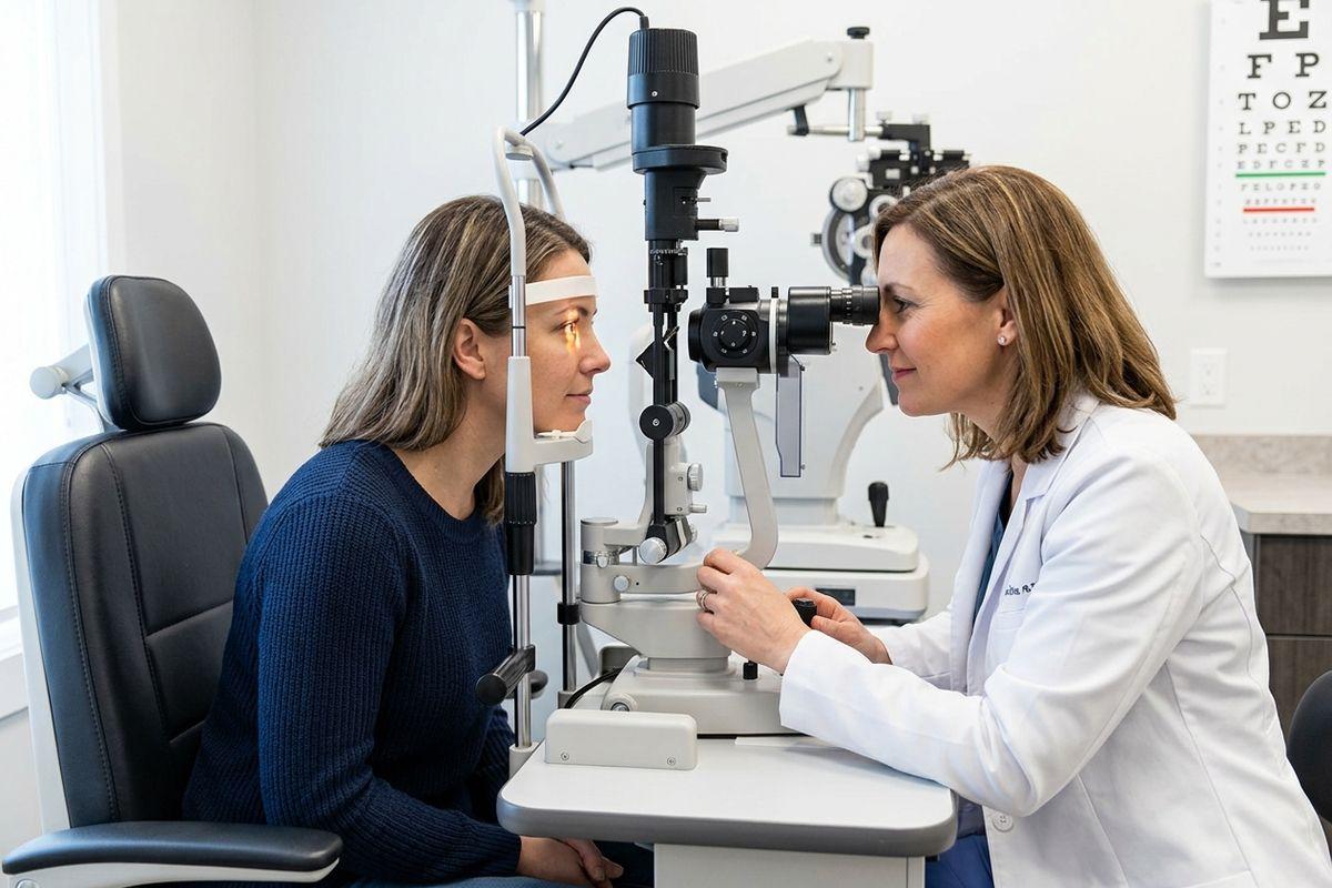 Woman being examined by female optometrist with slit lamp.