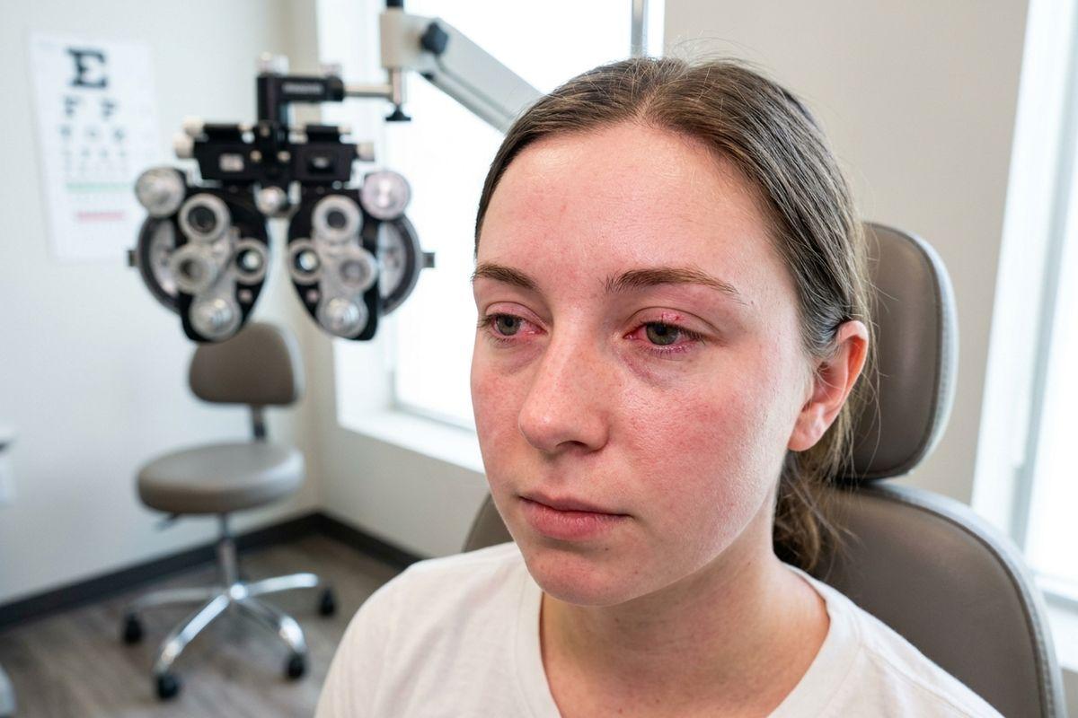 Adult patient seated in an eye exam chair with red, swollen eyes and facial redness; phoropter and eye chart visible in background.