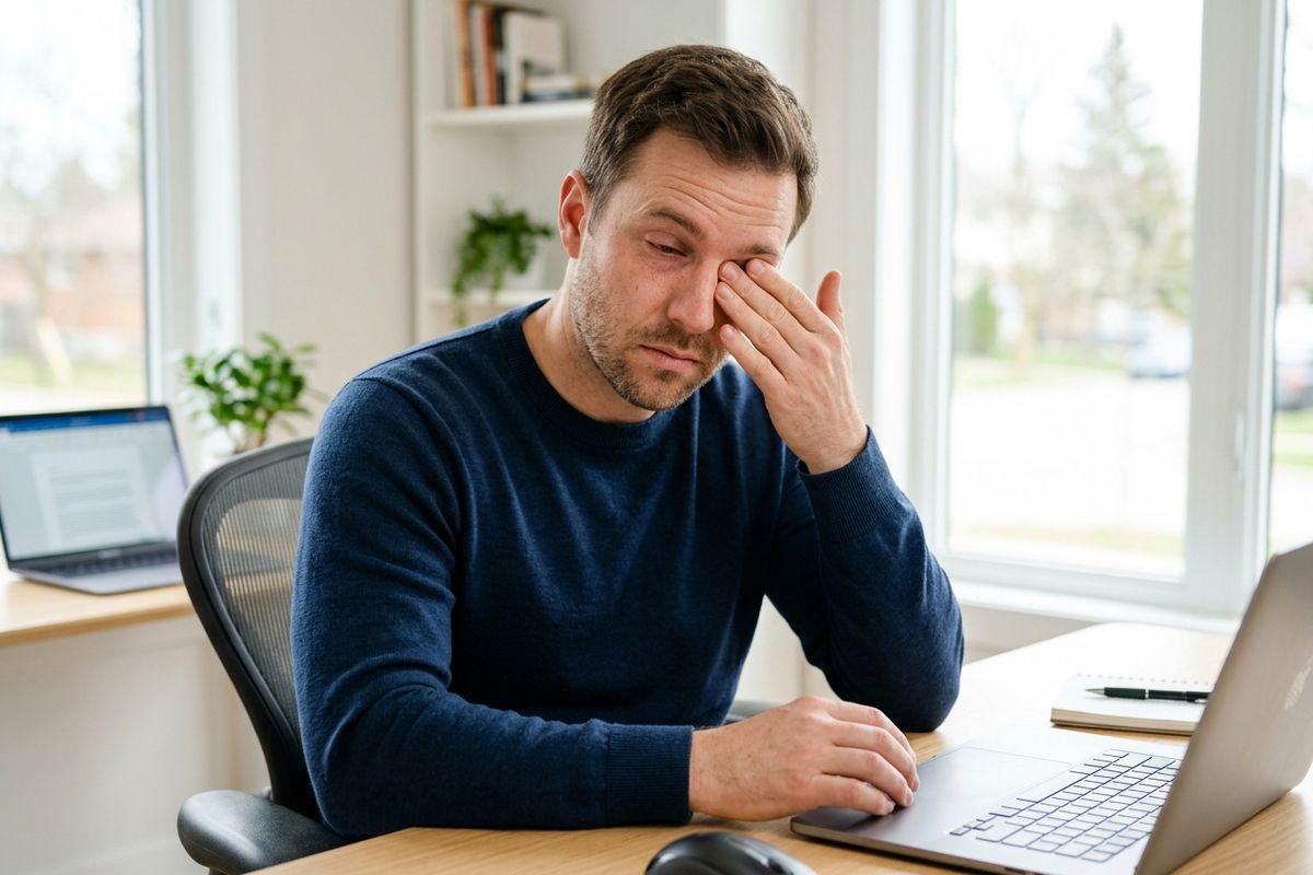 Adult sitting at a desk with a laptop, rubbing one eye with their hand, appearing tired or strained, in a bright home office.