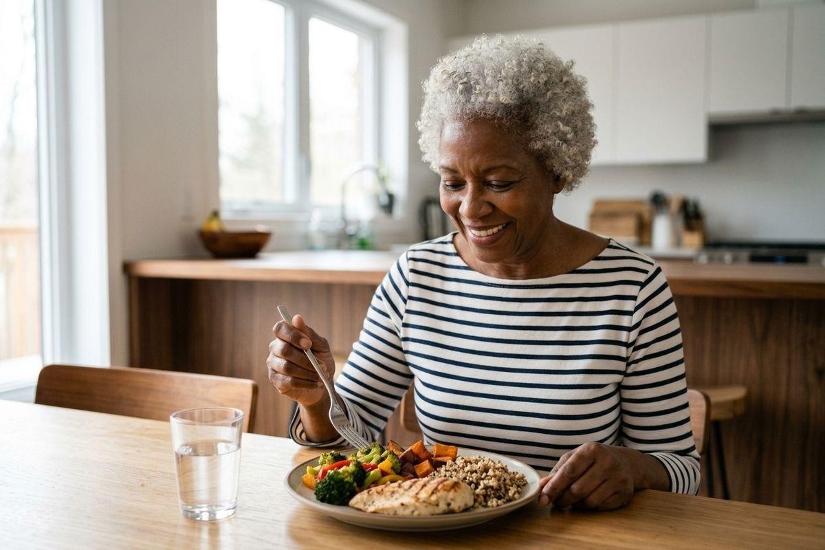 older-adult-smiling-while-eating-a-plate-of-vegetables-grains-and-grilled-chicke Older adult smiling while eating a plate of vegetables, grains, and grilled chicken at a kitchen table with a glass of water.