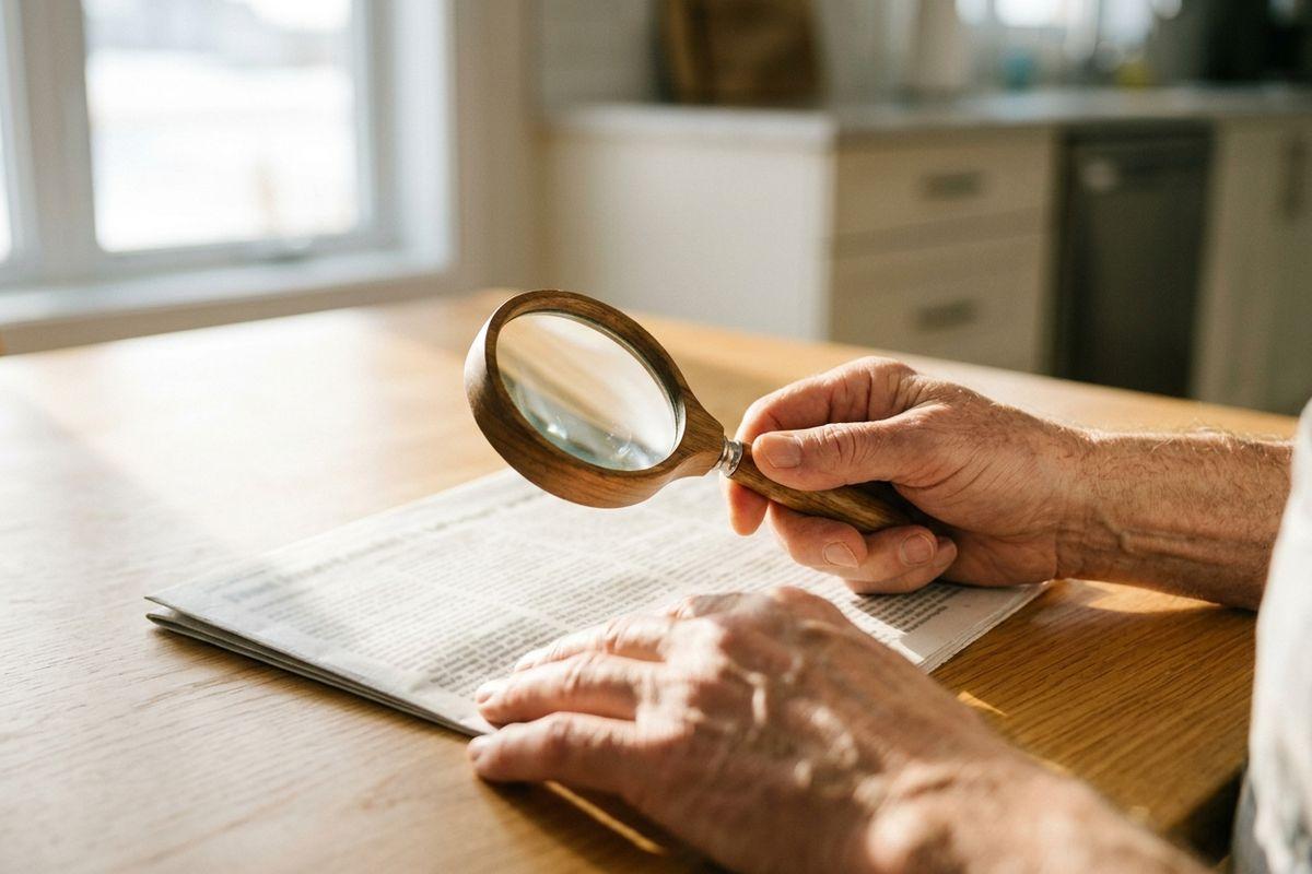 Older adult's hands holding a wooden-handled magnifying glass over a newspaper on a kitchen table.