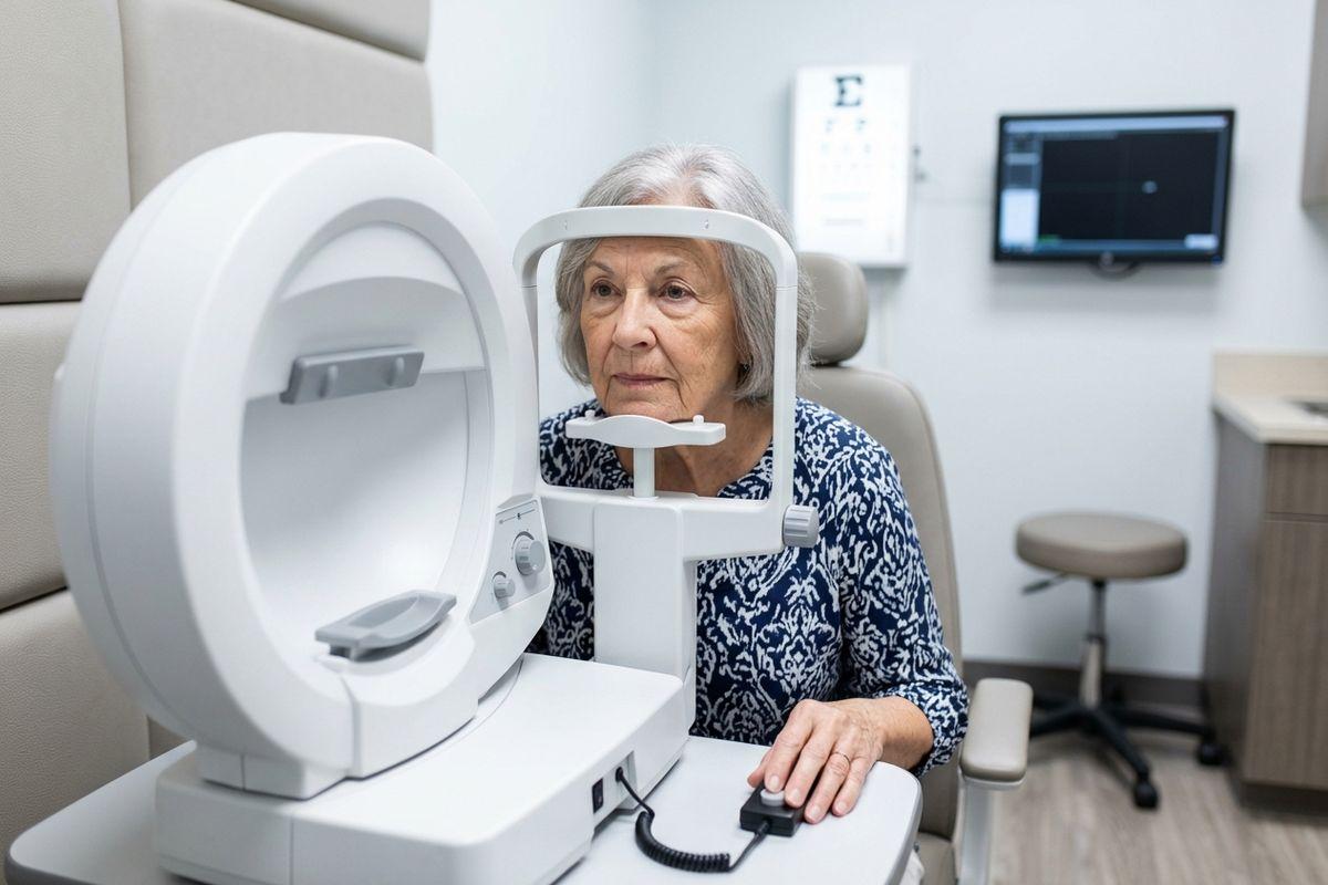 Older adult seated at an eye scanning machine in an optometrist exam room, chin resting on the device's support, looking forward.