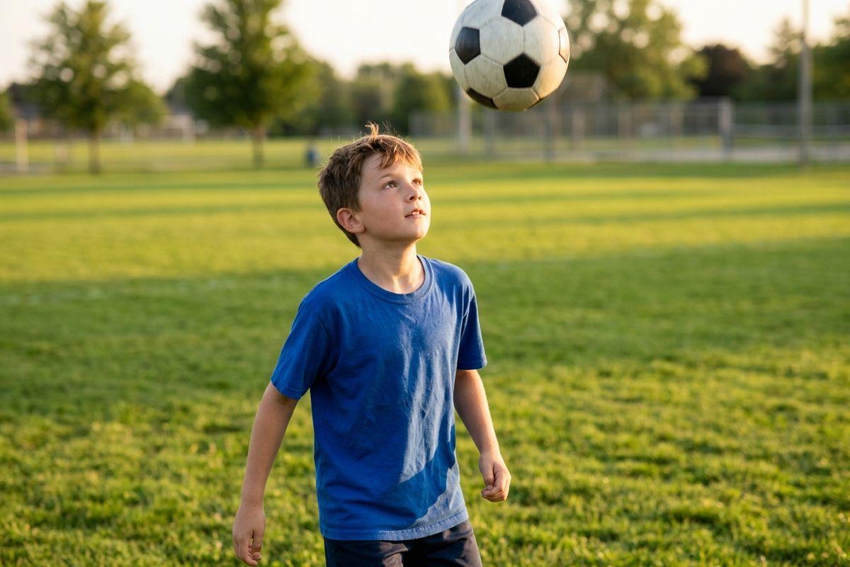 A child in a blue t-shirt looking up at a soccer ball in the air on a grassy field.