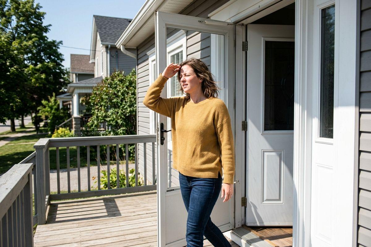 An adult in a yellow sweater stepping outside a home's door, shielding their eyes from bright sunlight on a sunny day.