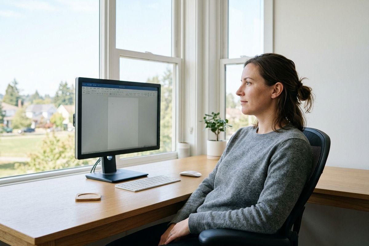 An adult sitting at a wooden desk with a desktop computer, looking away from the screen toward a bright window in a home office.