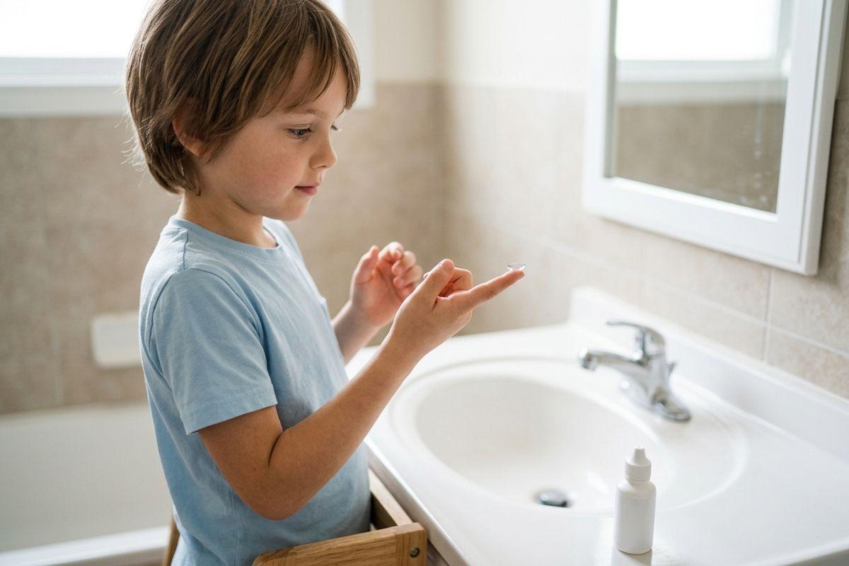 Child standing at a bathroom sink, holding a contact lens on one fingertip and looking at it carefully.