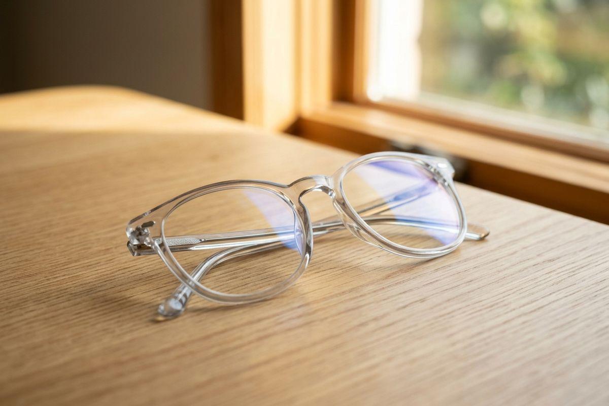 Clear-framed eyeglasses with blue-tinted lenses resting folded on a wooden surface near a sunlit window.