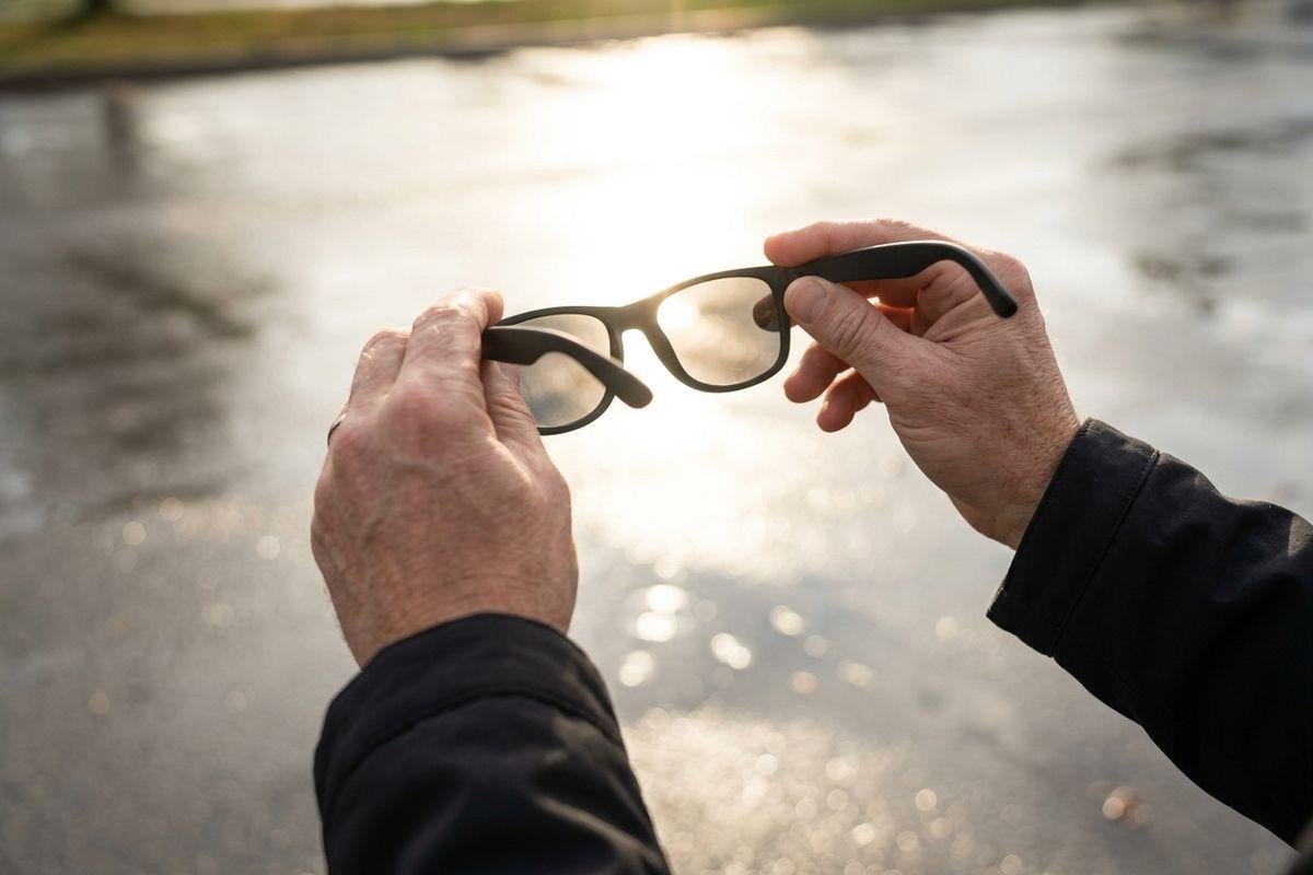 Two hands holding black-framed eyeglasses up toward sunlight outdoors, with wet pavement visible in the background.